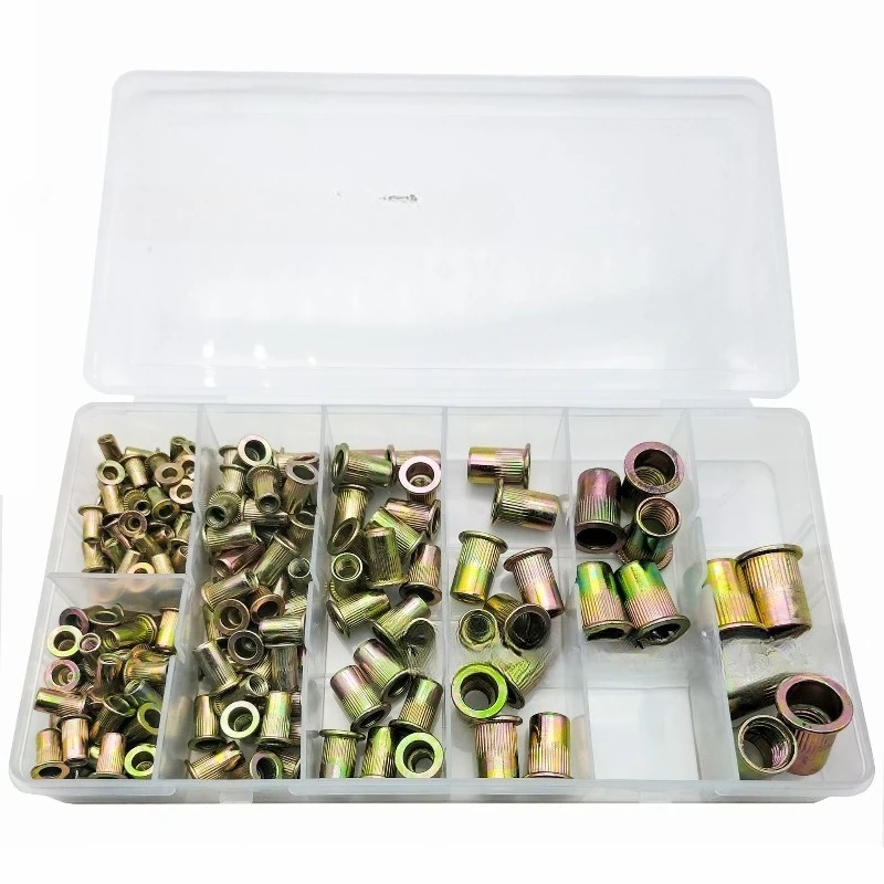 Box of 190 pcs: Carbon steel, colour-zinc-plated, flat-head, vertical-grooved, insert-threaded, lined rivet nuts, M3–M12