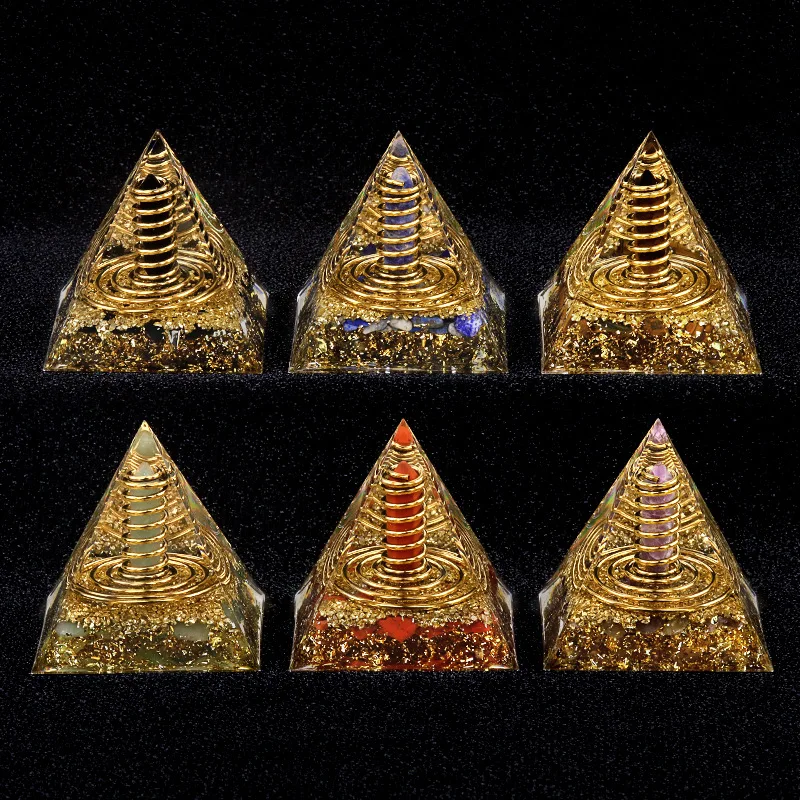 Natural Crystal Energy Generator Pyramid Peridot Gold Sandstone Reiki Healing Resin Pyramid Egyptian Room Decoration 6x6cm