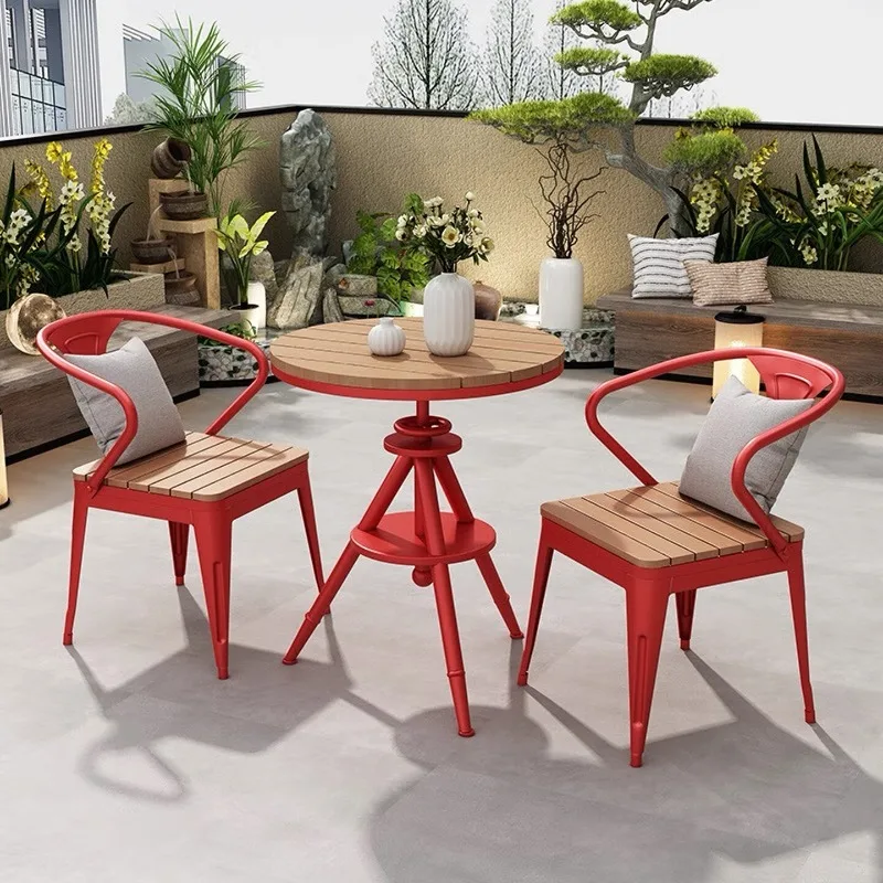 Outdoor casual dining table and chairs, outdoor red liftable small round table waterproof inner and outer balcony