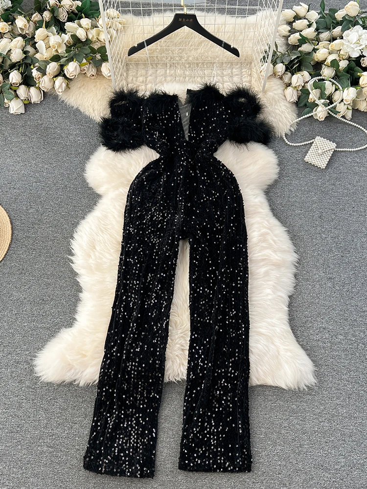 Women Off Shoulder Elegant Plush Spliced Sequins Top Light Luxury Temperament High Waist Wide Leg Pants Jumpsuit - Image 6