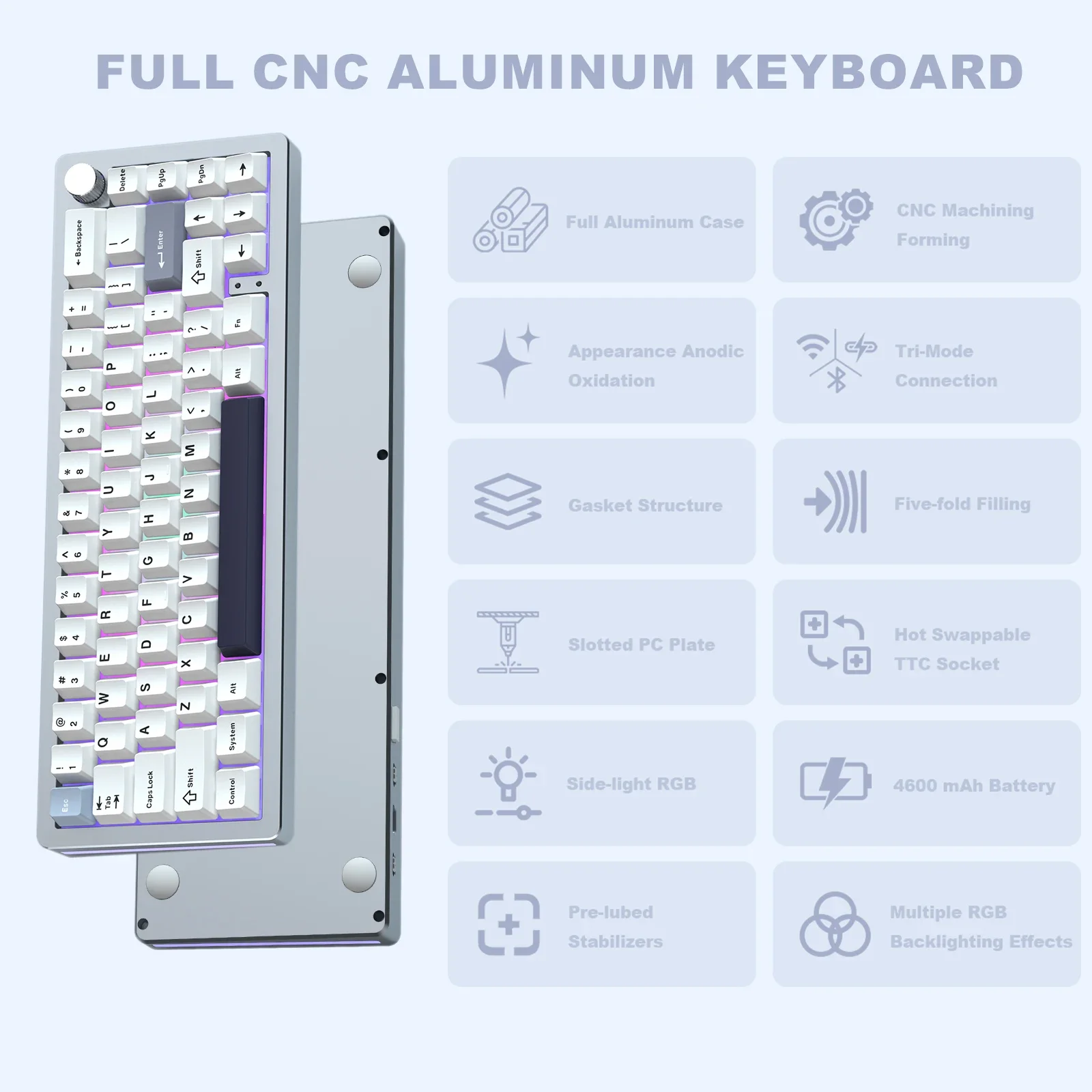 Imagem -05 - Teclado Mecânico sem Fio Azul para Jogos Botão de Alumínio Cnc Bluetooth 2.4g Wired Junta Hot Swap Rgb Montado 66 Chaves Al66