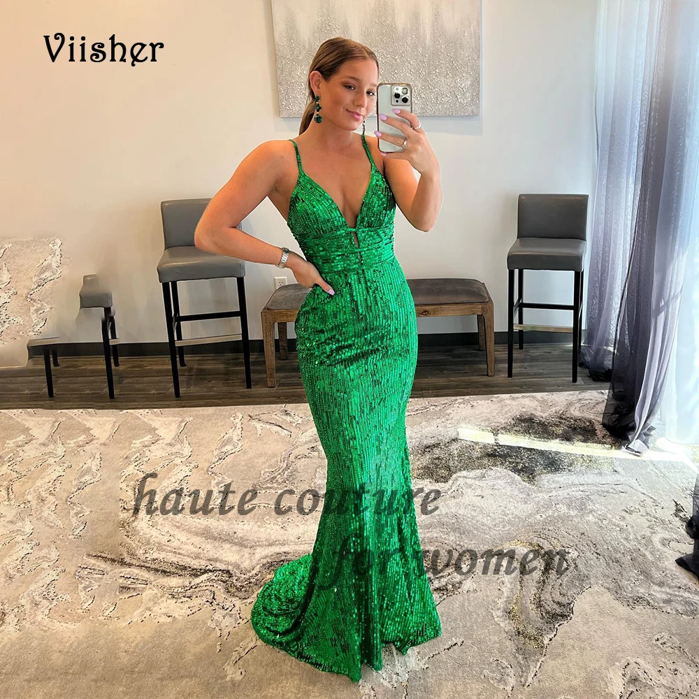 

Green Sequins Mermaid Evening Dresses Spaghetti Straps V Neck Bodycon Sexy Prom Party Dress Floor Length Formal Gowns