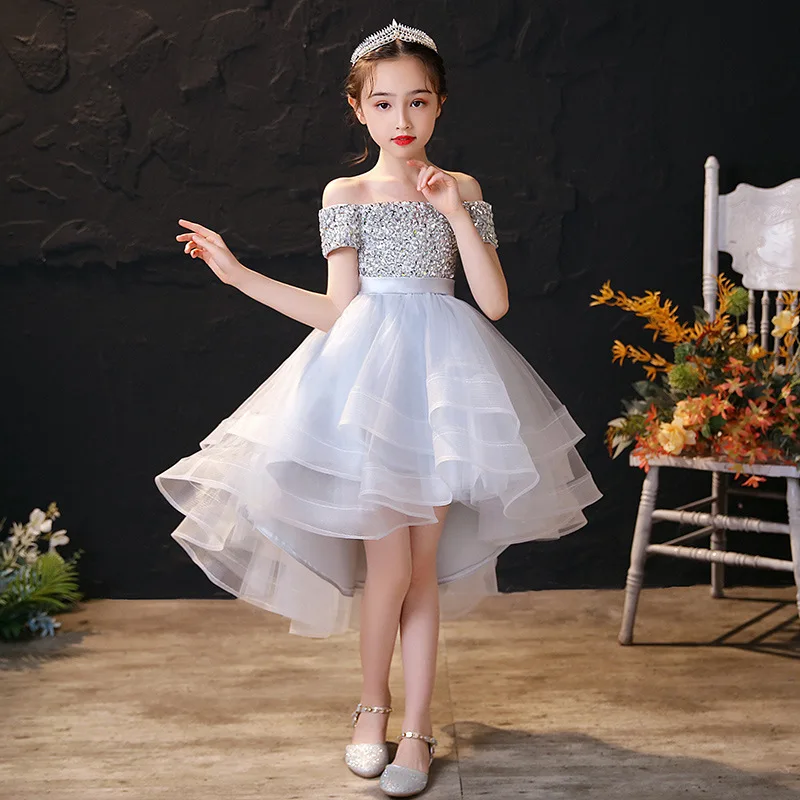 Girls Elegant Luxury Sequin Dress Teen Girls 12 Years Off Shoudler Party Gown Little Kids Tulle Formal Cocktail Dresses High Low