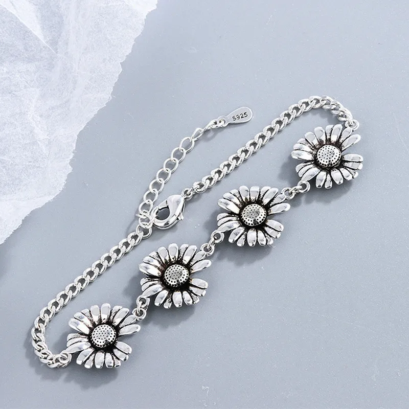 

17+3CM New 925 Silver Daisy Flower Punk Vintage Chain Adjustable Bracelet For Woman Girl Fashion Jewelry Gift Dropship Wholesale