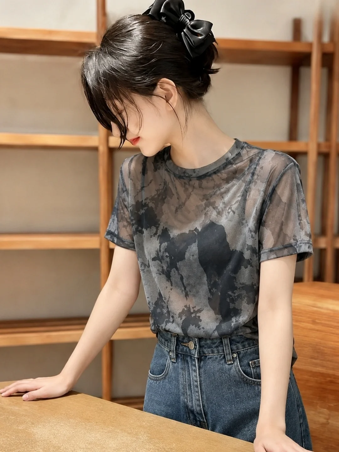 Lightweight Retro Print Semi-Transparent Slimming Short Sleeve T-Shirt Versatile High-End Sun Protection Top for Women Summer...