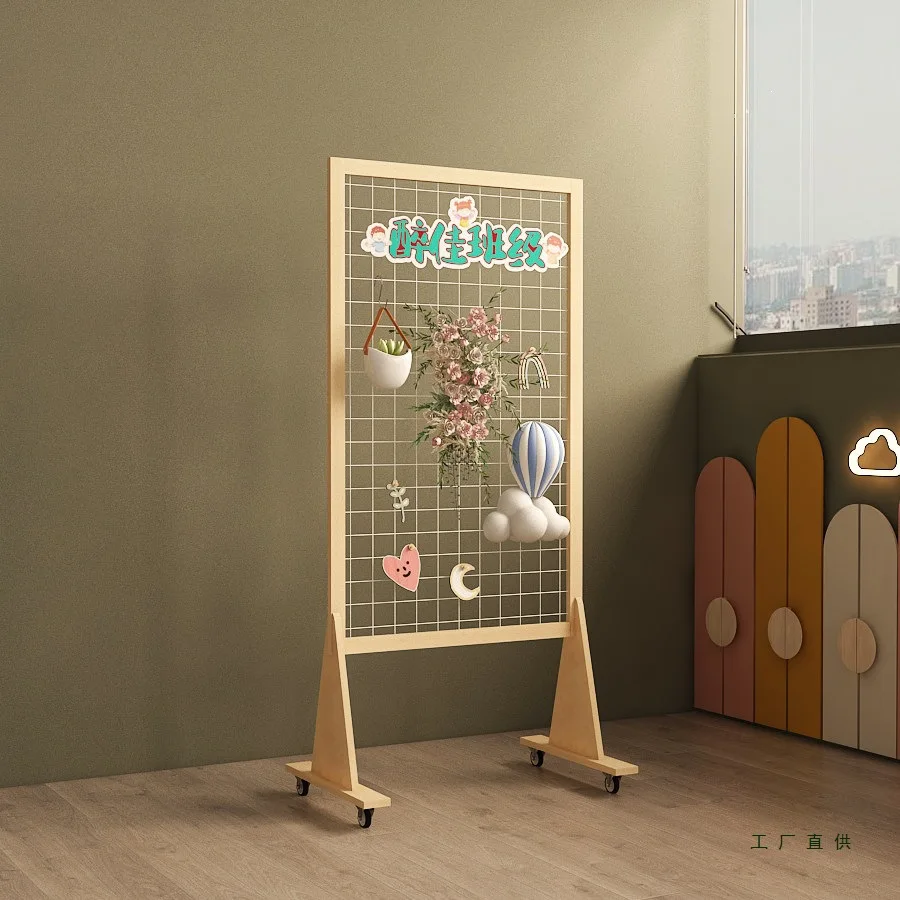 Floor-to-ceiling mobile grid display stand Kindergarten works shelf Handmade school festival solid wood storage shelf