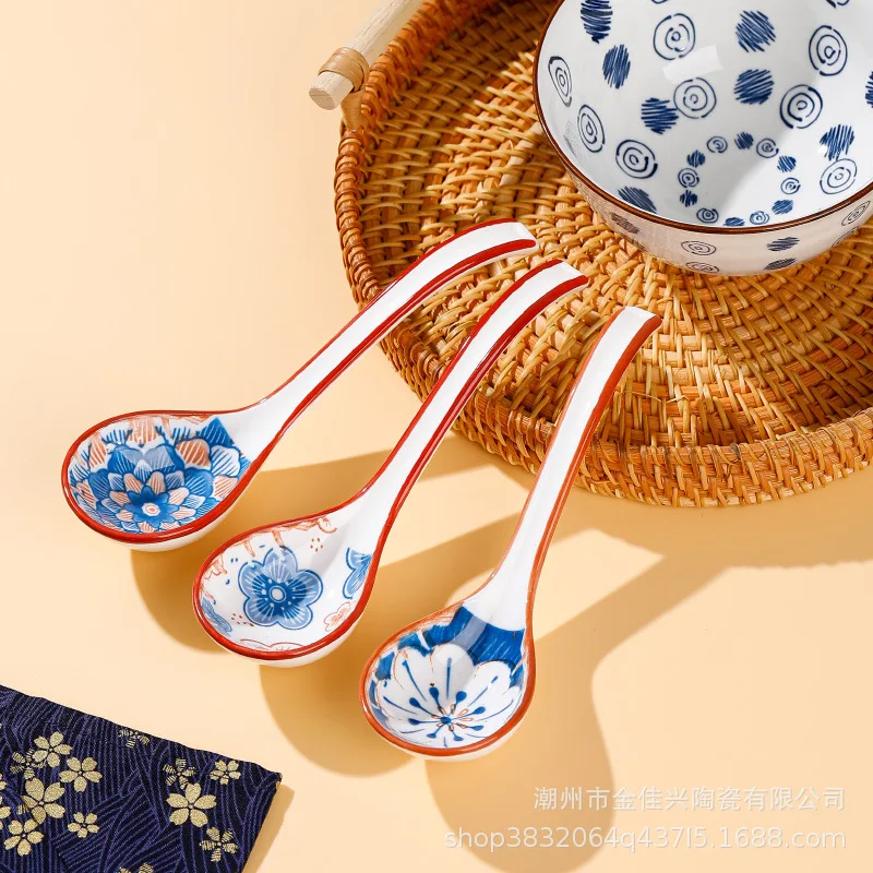 

YJQ 4PCS Japanese underglaze ceramic spoon ceramic ramen soup plus long handle curved spoon tableware