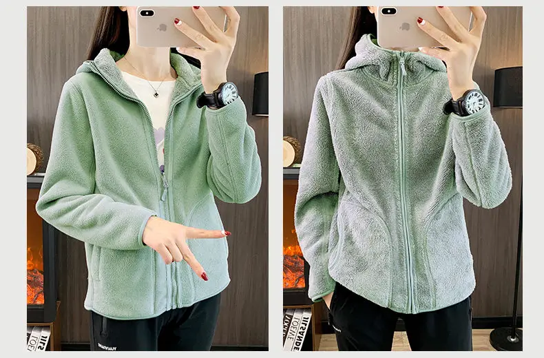 Zip-up Hooded Double-sided Wear Flannel Sweatshirt Women Thick Slim Fleece-lined Jacket Outdoor Sports Y2k Autumn Winter Coat