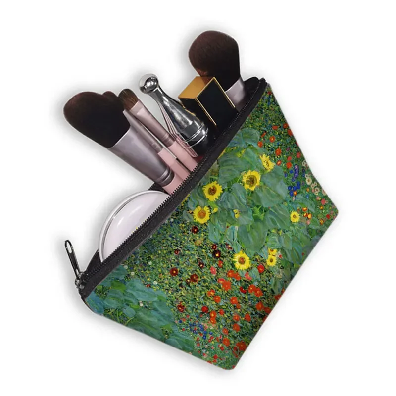 Gustav Klimt By Famous Oil Painting Cosmetic Case Women MakeUp Bags Van Gogh Irises Zipper Lipstick Toiletry Case Gift