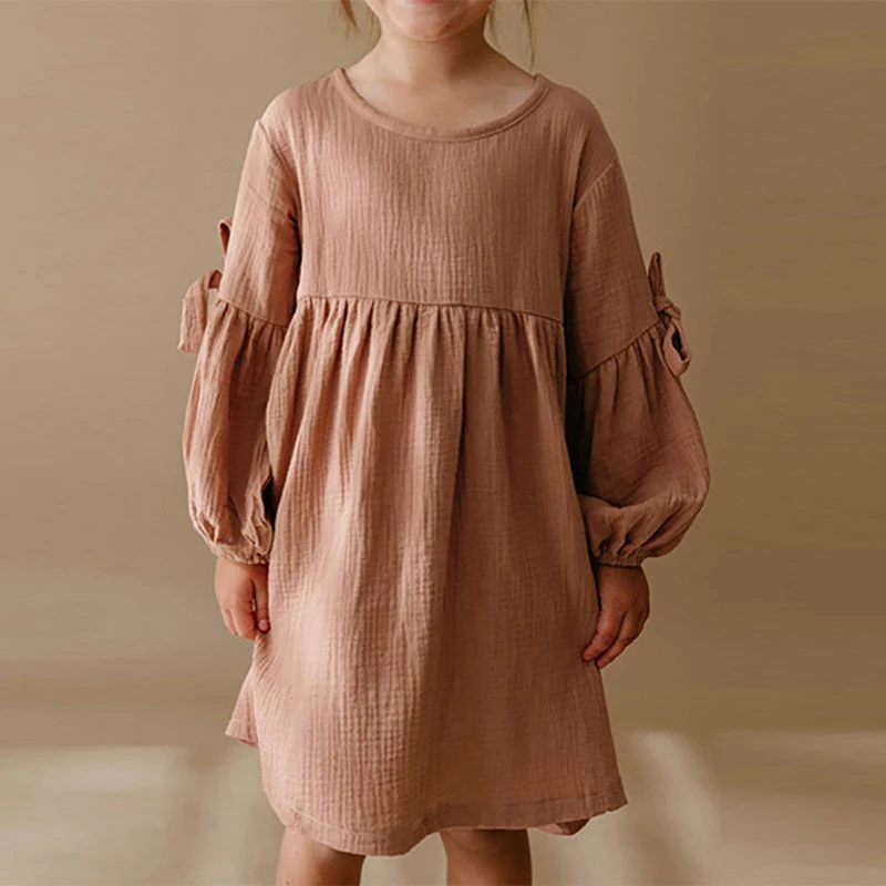 Chic Bow Long-Sleeved Round Neck Muslin Girls Dress 100% Cotton Double Crepe Baby Girl Autumn New Casual Loose Dresses