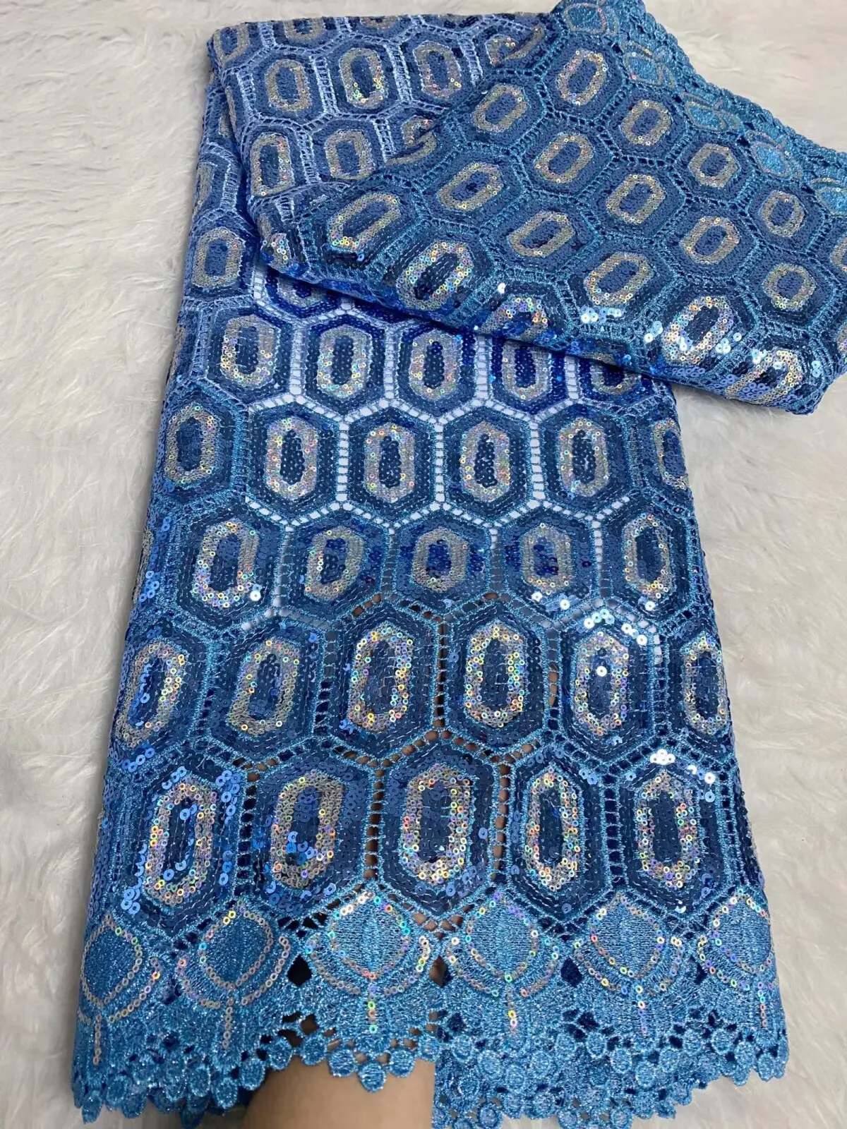 

2025 Latest African Water Soluble Lace Fabric 5 Yards High Quality Nigerian Sequins Cord Guipure Lace Fabric For Wedding Dresses