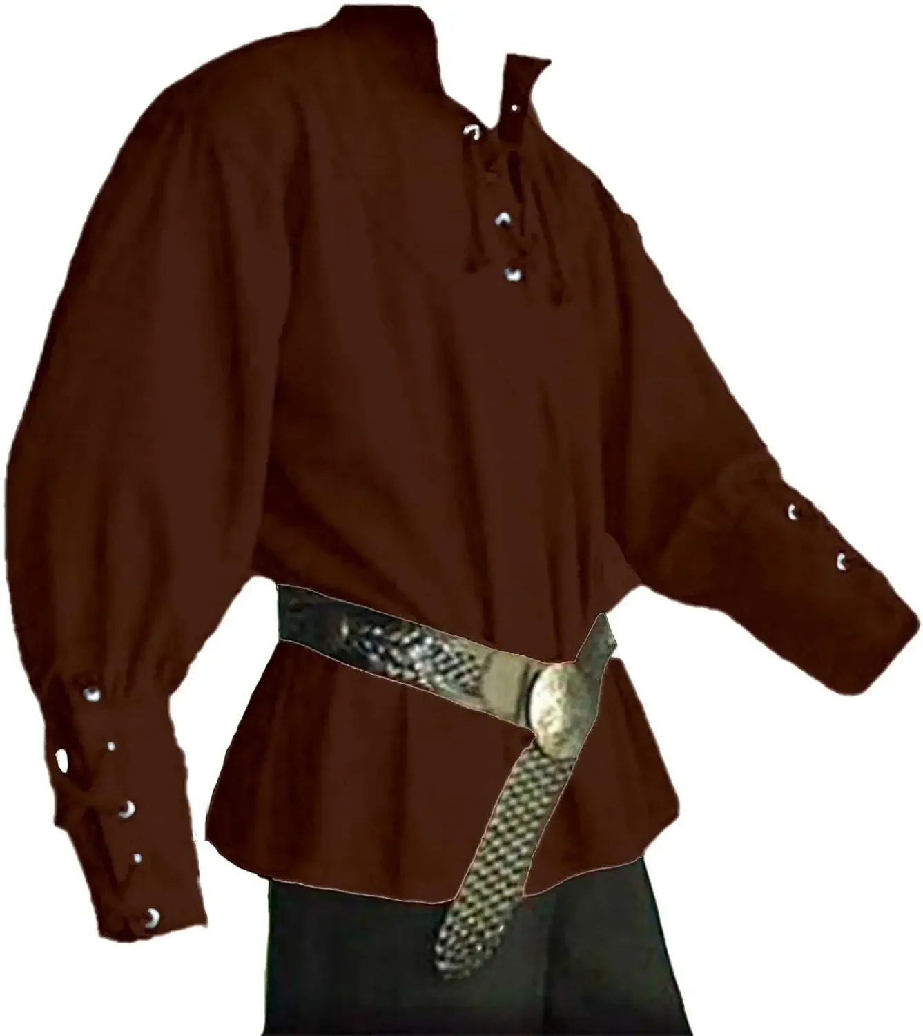 Men\'s Medieval Pirate Costume-Vintage Bandage Blouse-Mercenary Scottish Wide Cuff Shirt-Long Sleeve Top