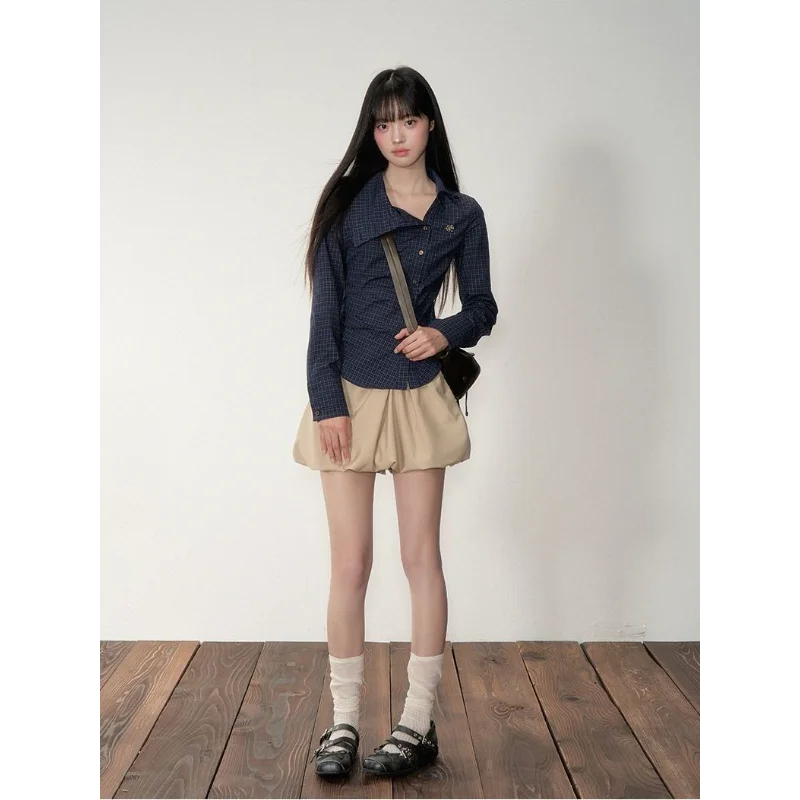 American Retro Lapel Plaid Pinch Waist Long-sleeved Shirt for Women 2025 Autumn New Slim Fit Versatile Top