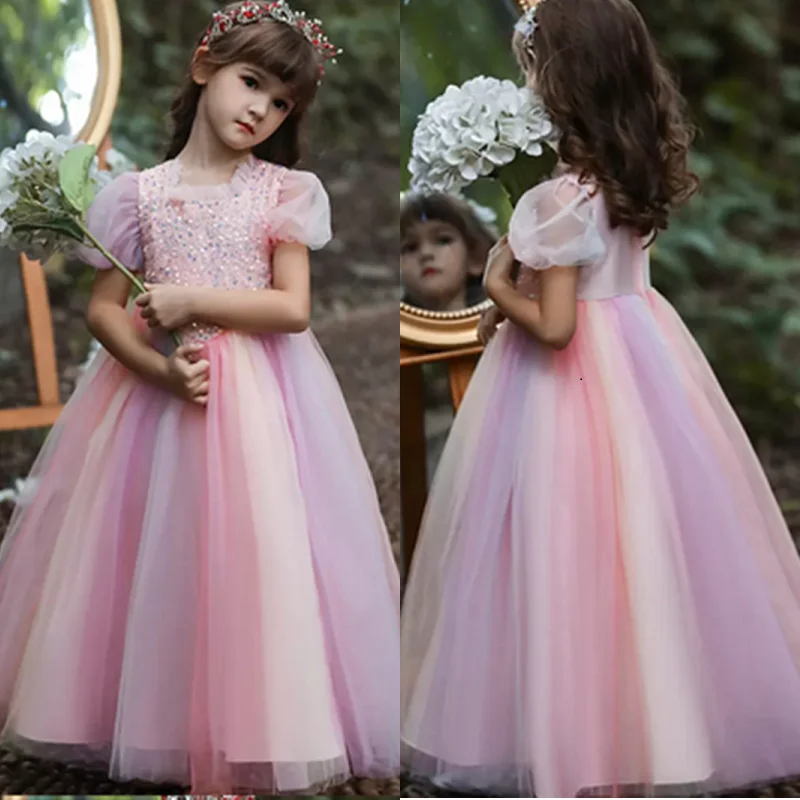 

Blush Pink Lace Flower Girl Dress Bows Children's First holy Communion Dress Princess Formal Tulle Ball Gown Wedding Party gowns