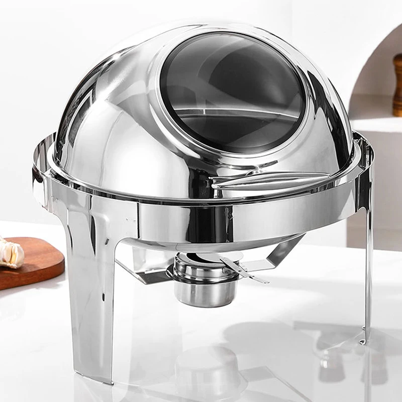 Silver Food Warmer Visual Roll Top Commercial Hotel Stainless Steel 6L Round Chafing Dishes Deluxe Roll Top Chafing Dish