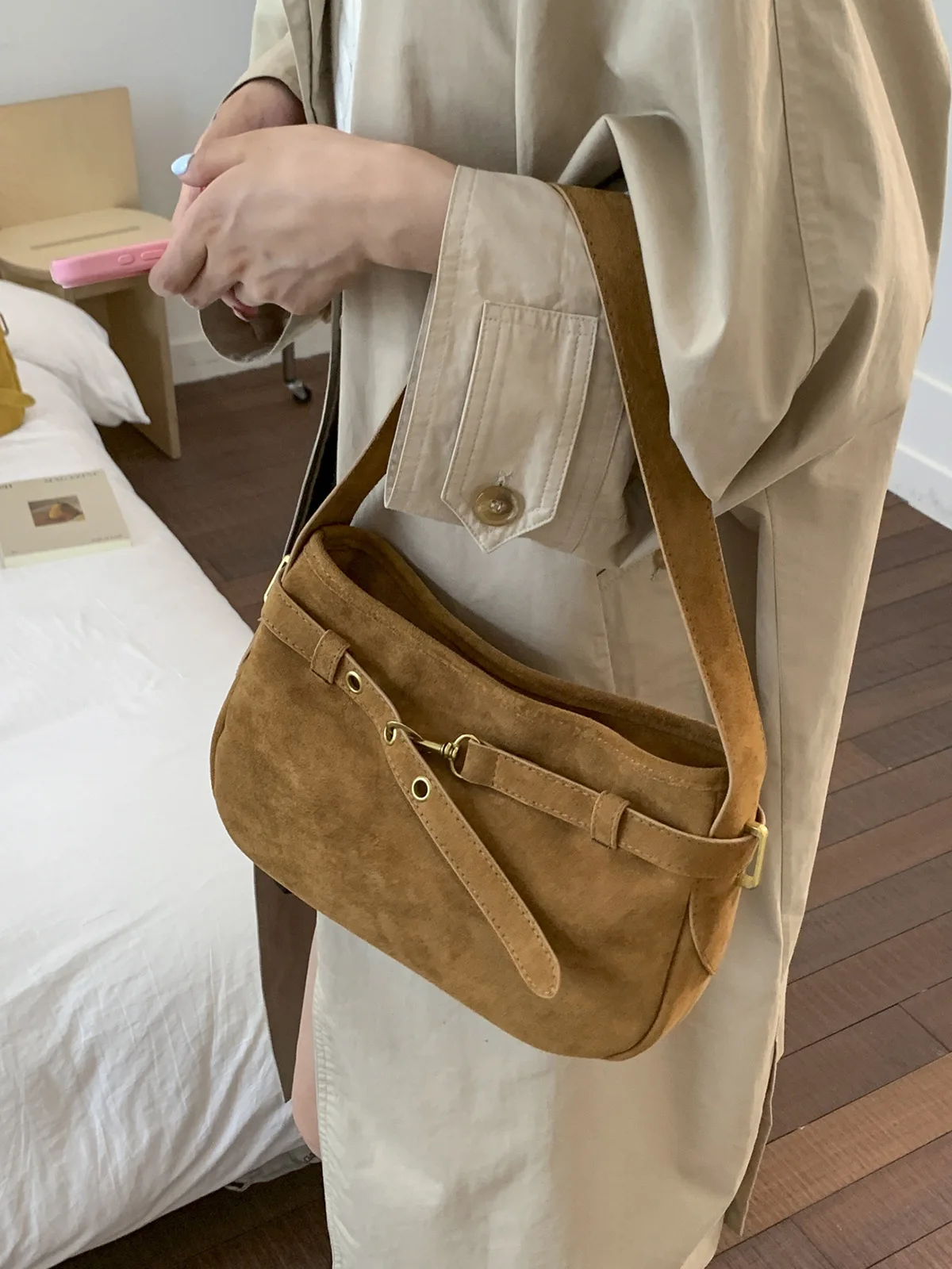 

Женская простая замшевая сумка в стиле ретро, осень 2021, новые пригородные сумки подмышки, женский дизайн, модные кошельки Y2k, коричневая сумка