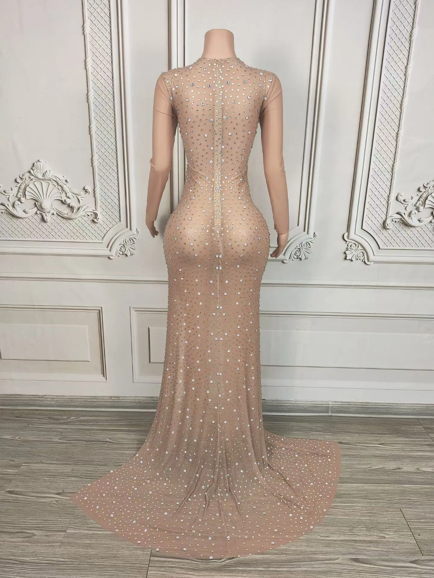 Elegant Nude Mesh High Side Slits Floor-length Dress Sparkly Rhinestone Evening Dress Gala Prom Red Carpet Evening Gown Haifeng