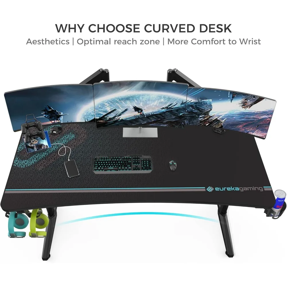 Ergonomischer 60-Gaming-Schreibtisch mit integriertem Mauspad, geräumiger, gebogener Büroschreibtisch für dreifaches Monitor-Setup und Getränkehalter