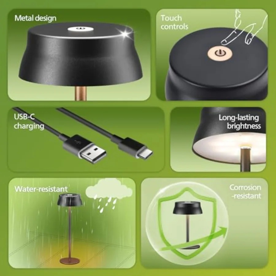 Cordless Table Lamp, Portable Outdoor LED Desk Light, Rechargeable Battery Operated, 2 Adjustable Height, Touch Control and 3 C
