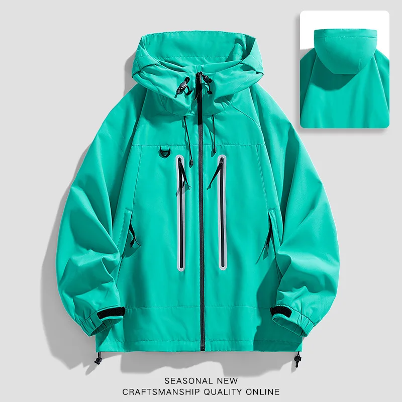 men jacket retro color-matched  coat with loose and cool style. Men's reflective strip hooded workwear outdoor storm jacket