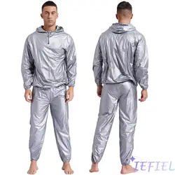 Mens Pullover Style PVC Sweating Suit for Boxing Gym Workout Fitness Sauna Sweat Outfit Hooded Jacket Outerwear And Long Pants