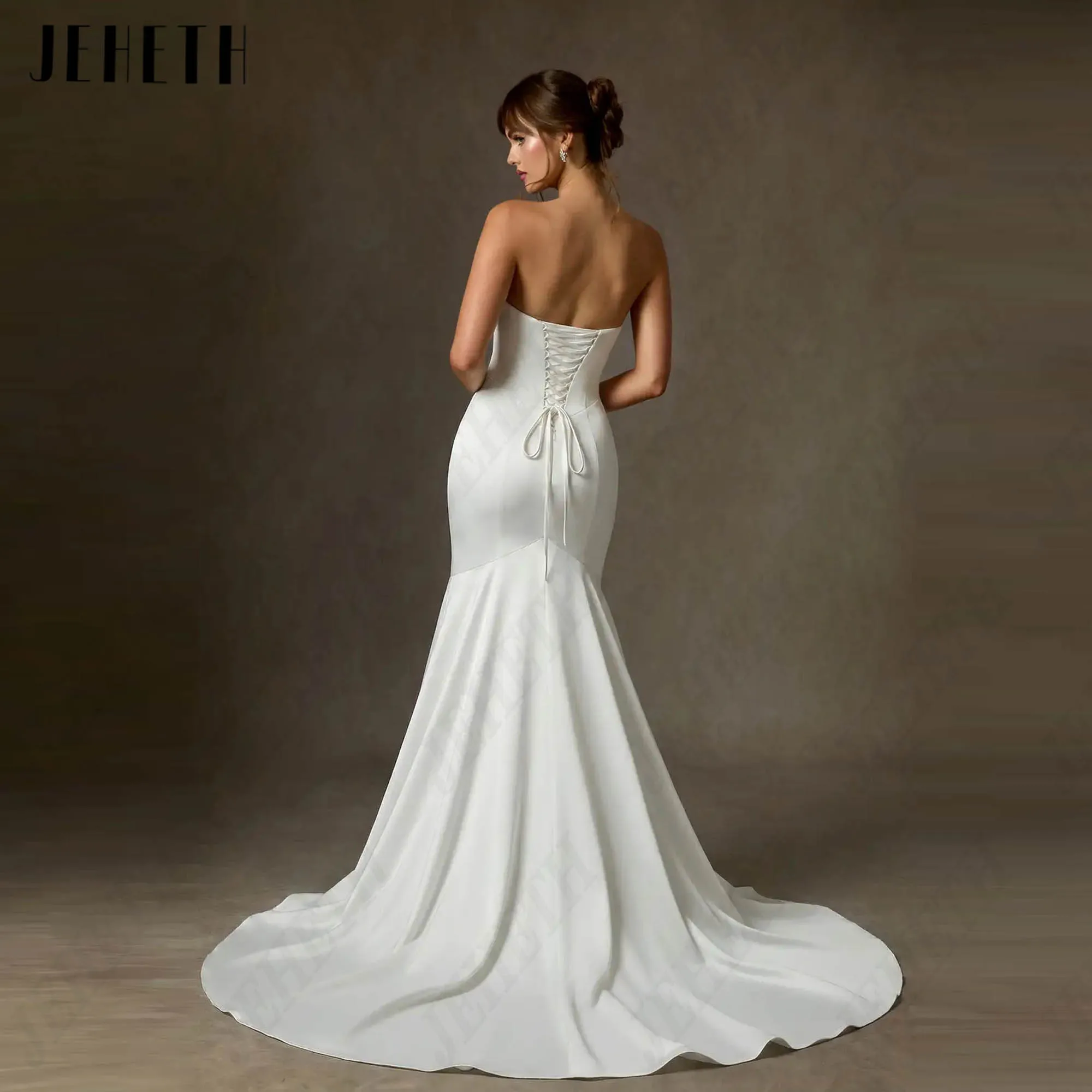 JEHETH Satin Mermaid Wedding Dress For Curvy Minimalism A-line V-neck Sexy Bride Gown Backless Lace Up robe de mariée Customized