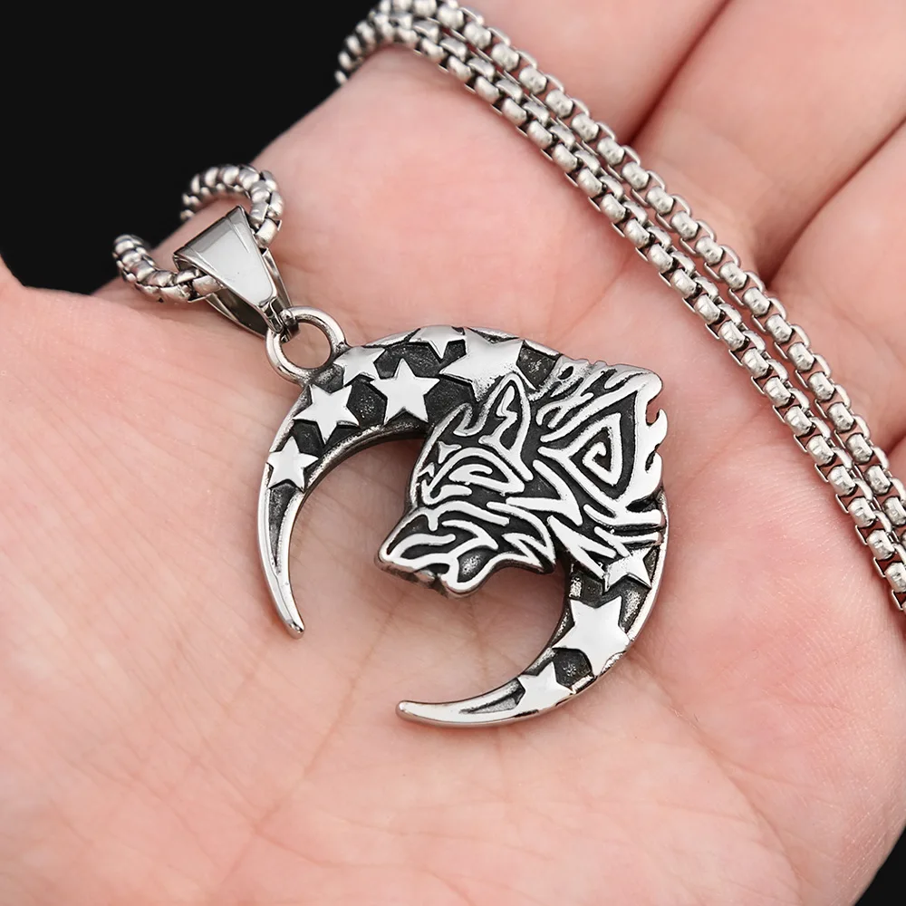 100pcs/lo new stainless steel retro personalized wolf head pendant for men's high-end sense titanium steel star moon minimalist