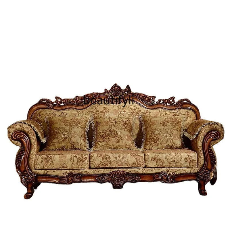

European fabric sofa 123 combination solid wood carving flower living room set American furniture