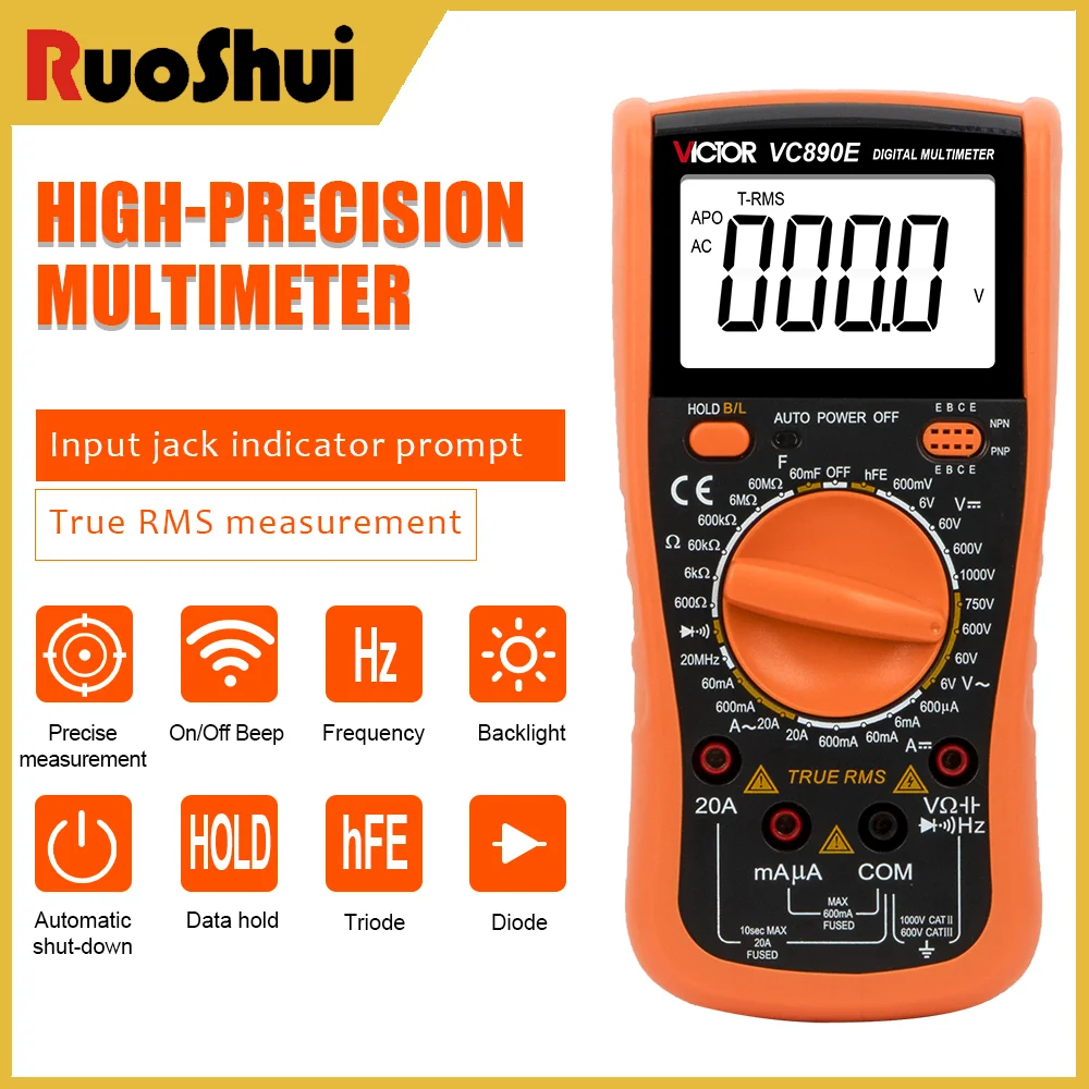 

Victor 890E Multimeter Multi-Function 5999 Counts 20A 1000V 60mF 20MHz High-Precision Testing Meter True RMS Triode Tester