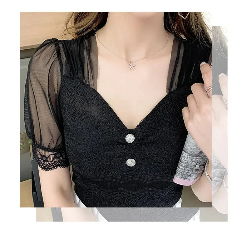 Summer Women\'s Pullover V-Neck Lantern Short Sleeve Lace Patchwork Gauze T-shirt Clothing Office Lady Flattering Korean Tops