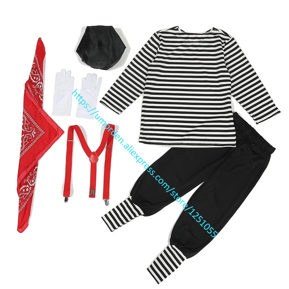 Umorden Unisex Kind Kinderen Stille Acteur Mime Kunstenaar Kostuum Zwart Wit Frans Nabootsen Clown Halloween Verkleedkleding Voor Meisjes Jongens