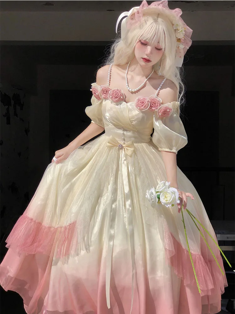 Gradient Pink Rose Lolita Dress Flower Wedding Gorgeous Long Birthday