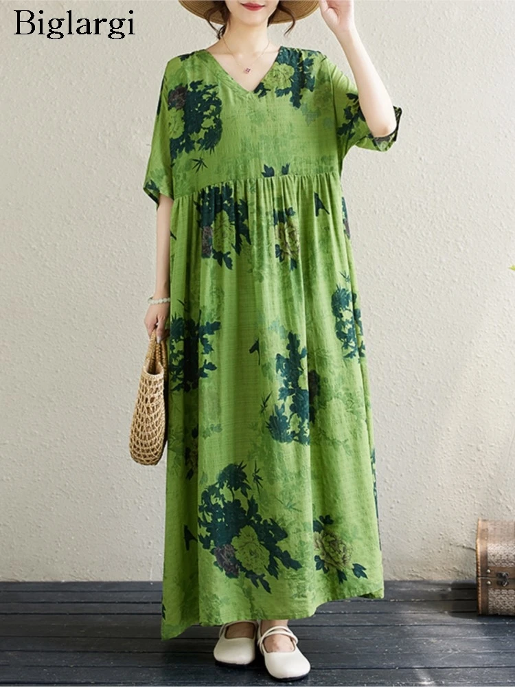 

Oversized Summer Floral Print Long Dress Women Loose Ruffle Pleated Modis Casual Ladies Dresses Short Sleeve Woman A-Line Dress