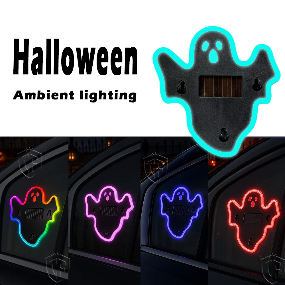 Ghost Car LED Ambient Light Halloween Solar USB Rechargeable RGB Dynamic Rear Windshield Expression Lamp Auto Interior Decor