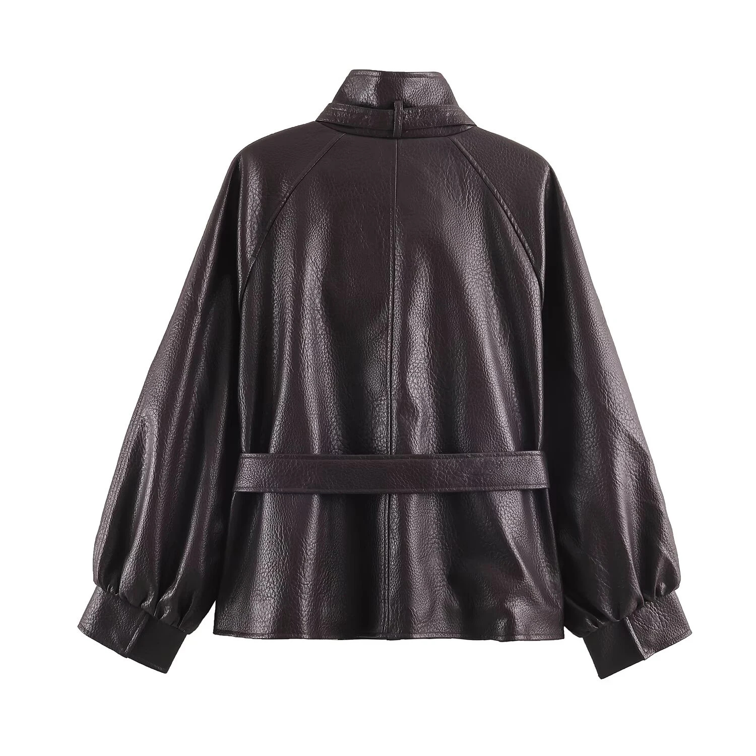 New women's clothing European and American style classic fashion leather stand up collar long sleeved tie waist leather jacket