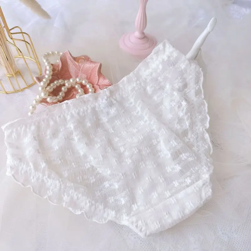 Women Cotton Sexy Mesh Lace Transparent Underwear Bow Cute Lovely Sweety Princess Elasticity Ruffles Breathable Panties Breifs