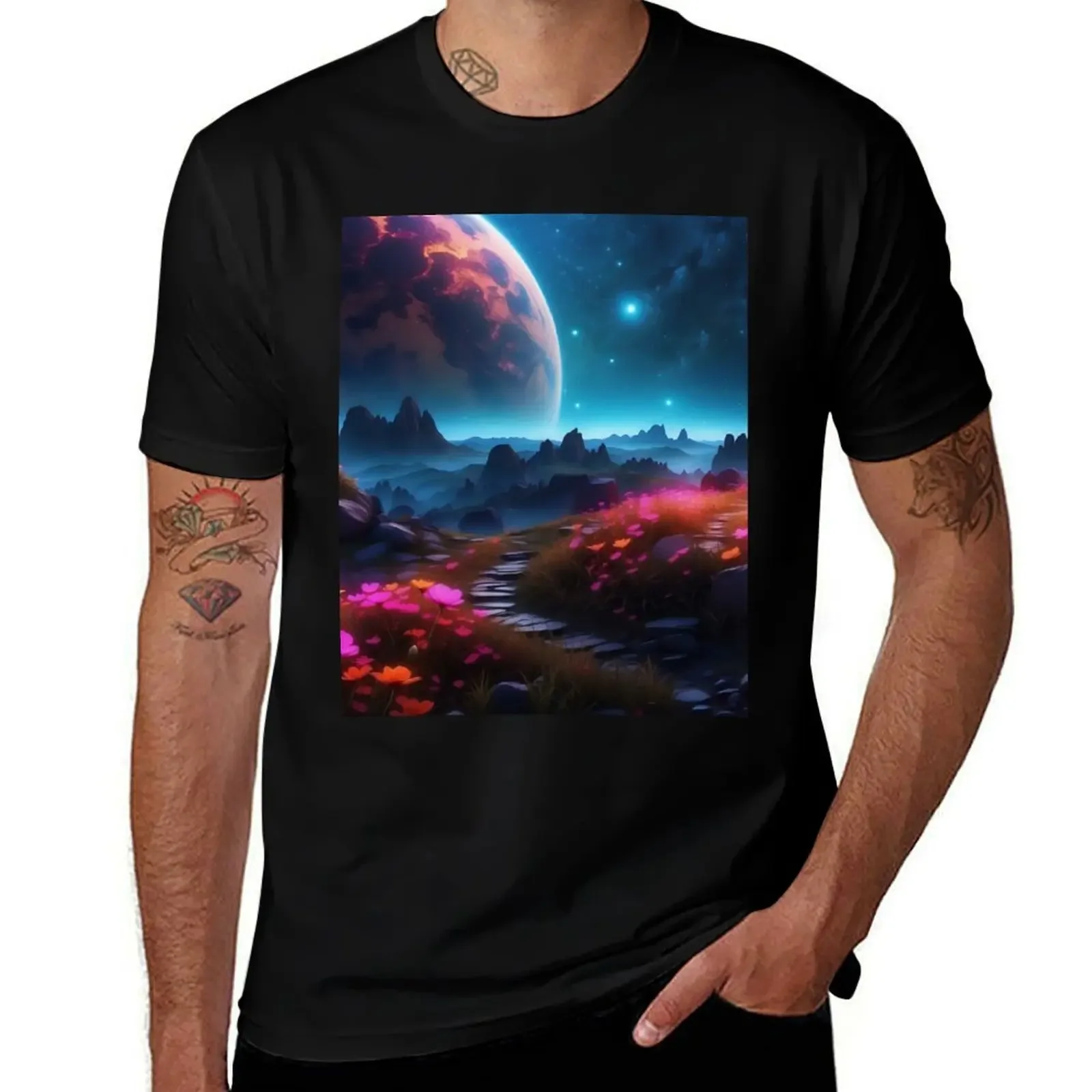 

Fluorescent Pathway Under Cosmic Skies on Distant World T-Shirt vintage clothes Luxury man mens graphic t-shirts anime