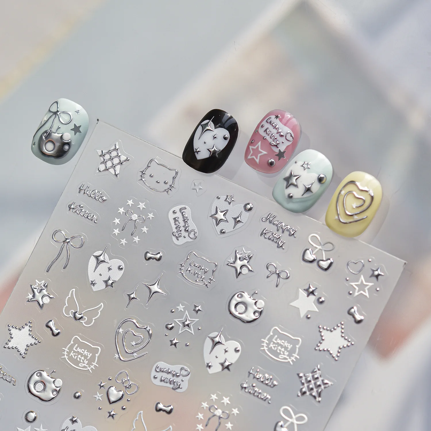 1pc 5D Metallic Silver Nail Stickers Stars Bow Love Heart Back Adhesive Nail Art Sticker DIY Cute Nails Decorations Decals Parts