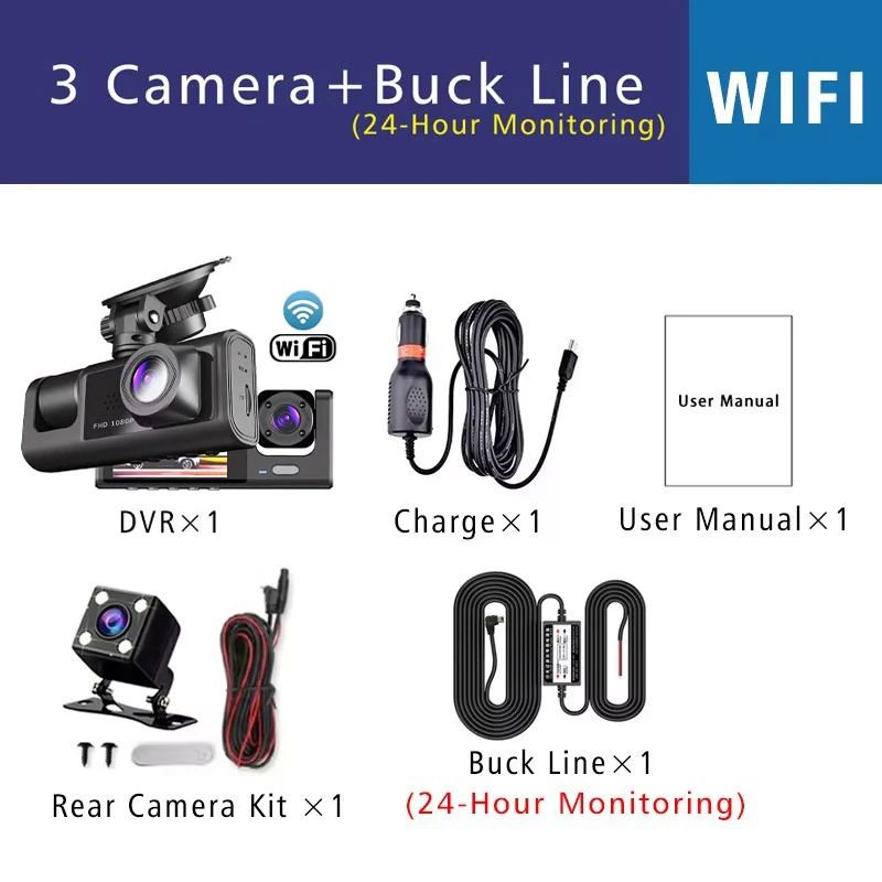 1080P 3-Kanal-Objektiv WLAN Dashcam Auto DVR Innenraumkamera Mini-Recorder Video-Registrator Dashcam Dreiwege-Videokamera