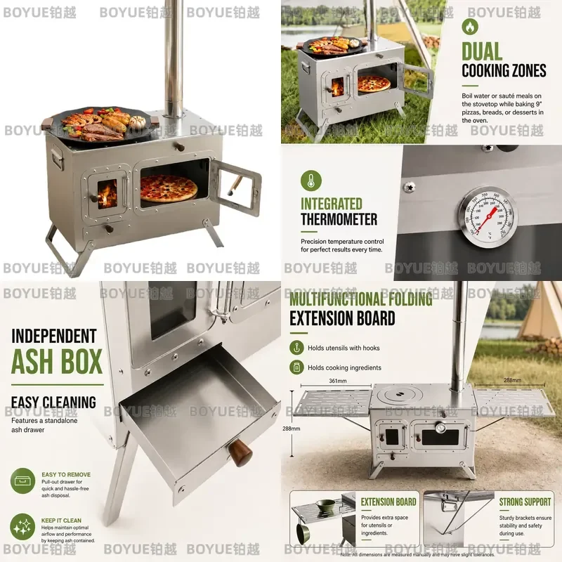 Portable Camping Wood Stove with Oven & Chimney, Stainless Steel Outdoor Stove for Cooking Heating, Tent Stove for Hiking