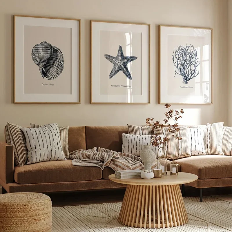 Multiple sizes 1pc frameless Canvas Painting Blue Coastal Sea Antique Seashell Sketch Starfish Conch Posters Prints Canvas Paint
