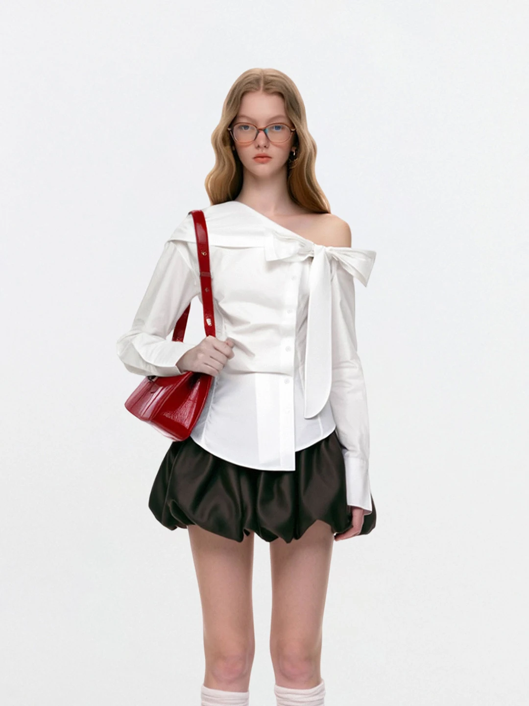 

AHMI Conceptual Sculptural Sensation White irt with Knot for Spring Autumn Girls Irregular Knot Loose Korean Sl...