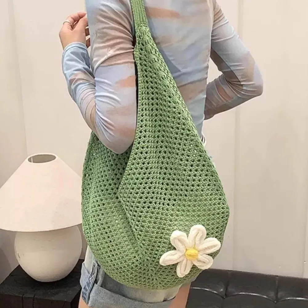 

Solid Color Knitting Shoulder Bag Large Capacity Hollow Out Bohemian Crochet Tote Bag Versatile Flower Casual Woven Handbag