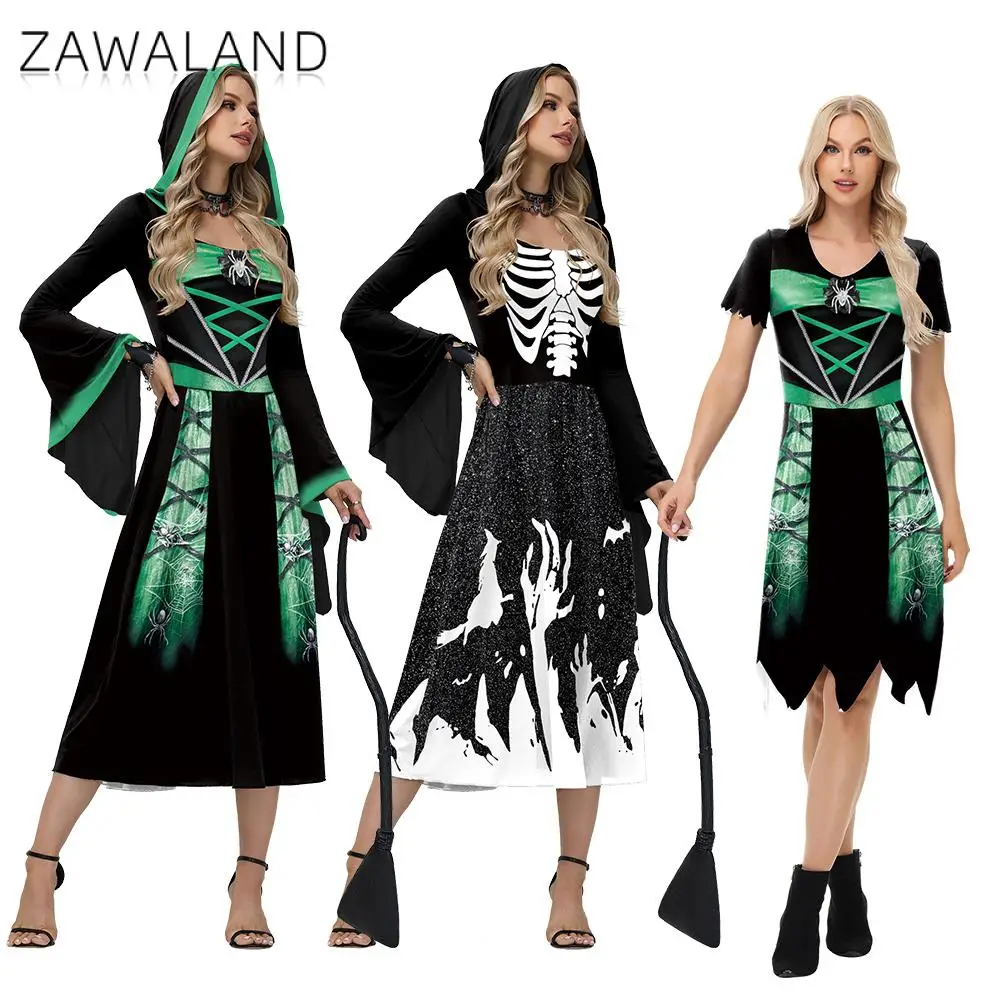 

Zawaland Witch Dress for Women Cosplay Witch Fancy Dress Evil Skeleton Print Costumes Female Holiday Halloween Party Dress