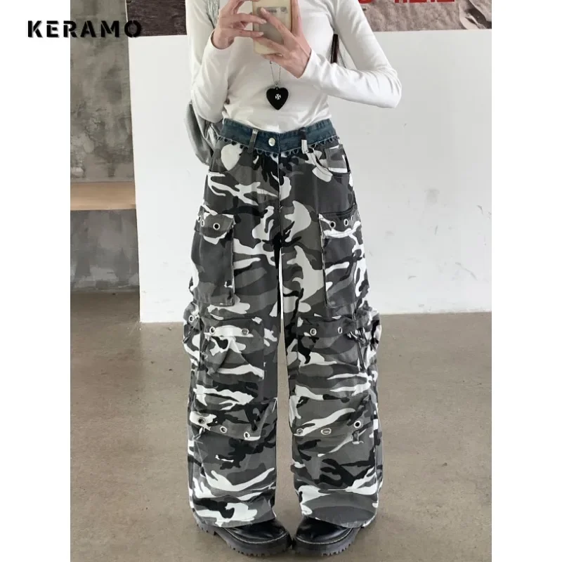 Women's Emo Grunge Street Jean Pockets Hip-hop Baggy Mop American Retro Patchwork Pants Casual Y2K Camouflage Denim Trouser