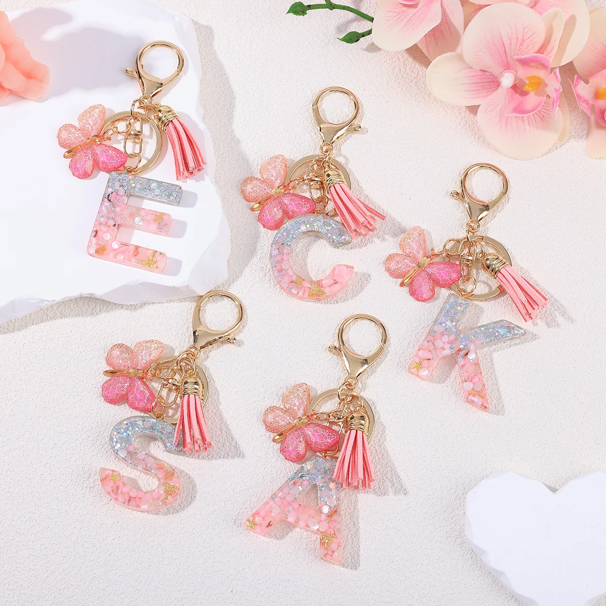 

Pink Resin Initial Keychain Alphabet Letter Keyring with Butterfly Tassel Charm for Bag Accessory - Drop Shipping & Bulk Order