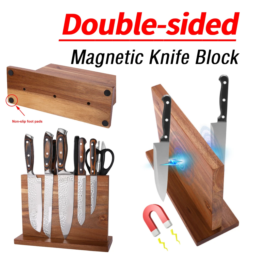 

Multifunctional Kitchen Magnetic Knife Holder Acacia Wooden Kitchen Knife Block Storage with Strong Enhanced Home Magnetic Stand
