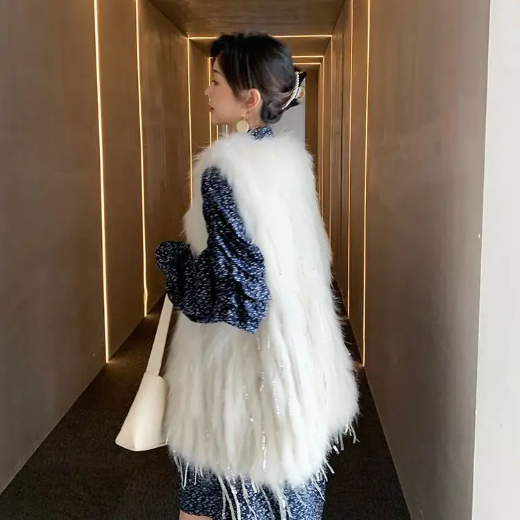 جديد خريف وشتاء 2025 معطف فرو محبوك للنساء متوسط الطول غير رسمي ومتعدد الاستخدامات شرابة فضفاضة XT1796 #5