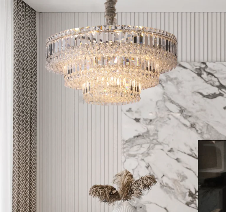 Modern Luxury Gold Iron Crystal Chandelier Remote Control E12 Bulb Base Adjustable Height for Home Dining Room Pendant Lighting