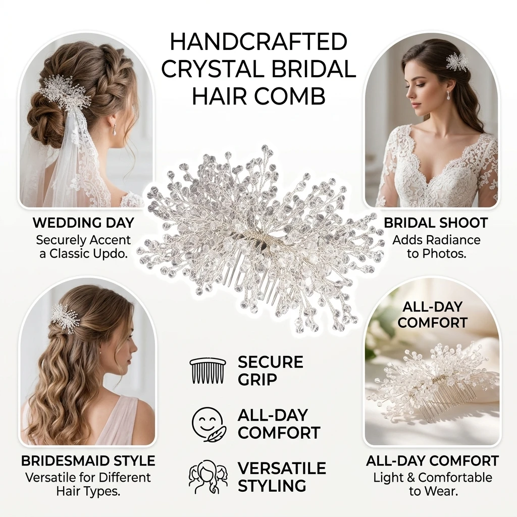 Secure Grip Hair Comb Elegant for Wedding Bridal Crystal Silver White Wedding Accessories Graceful Headpiece Jewelry